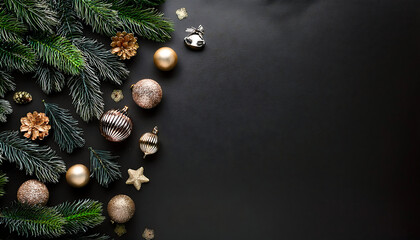 Poster - Flat lay image features black Christmas background with fir tree and holiday decorations in_1(305)