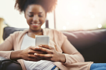 Aufkleber - Hands, typing and woman with smartphone, lounge and networking in home, online and communication. Digital, freelancer and research for contract job, opportunity and person with app for info or career