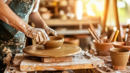 An artisanal pottery workshop in a sunlit studio with potters creating ceramic masterpieces, Clay spinning on pottery wheels, Artistic craftsmanship style