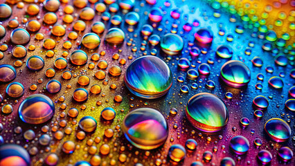 Poster - Bright water droplets scatter light, creating a kaleidoscope of colors on the surface beneath them, reflecting a beautiful array of hues. The scene captures the freshness of morning