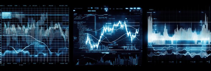 Aufkleber - Blue and white digital graphs and charts on a black background