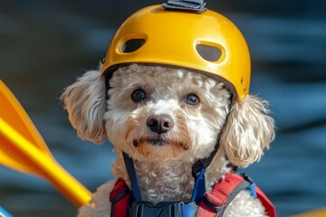 Adorable dog wearing helmet and life jacket paddling on water adventure