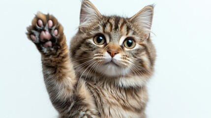 Wall Mural - A curious tabby cat raises its paw in a playful gesture against a simple white backdrop during a lively indoor session