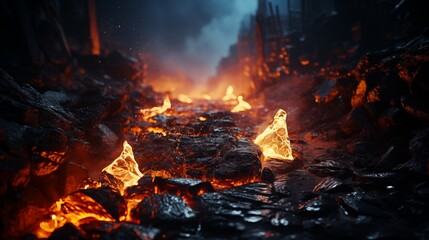 Wall Mural - Volcanic magma with glowing coals on a dark night sky background, creating a dramatic, fiery scene.