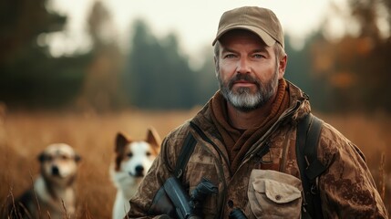 A man wearing outdoor gear, accompanied by two dogs in an autumnal grassy landscape, showcases a bond with nature and experiences the outdoors in crisp conditions.