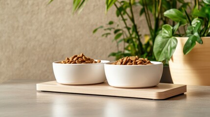 Two white bowls filled with dry food sit on a wooden board against a minimalist backdrop, suggesting simplicity, nourishment, and a modern lifestyle environment.