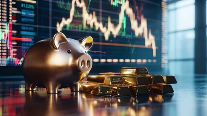 Poster - Golden piggy bank with gold bars on a reflective surface against a backdrop of market data and financial charts