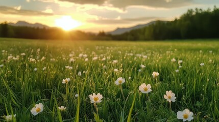 The sun sets over a lush meadow filled with delicate white wildflowers, casting a warm glow and creating a tranquil atmosphere with distant mountains visible.