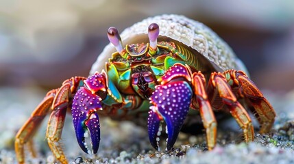 A closeup of a hermit crab its colorful shell and beady eyes adding character to its small body.