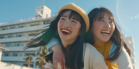 Group of women enjoying outdoor fun and adventure on a promenade, laughing and bonding during their holiday at the beach, embracing moments of joy and freedom together