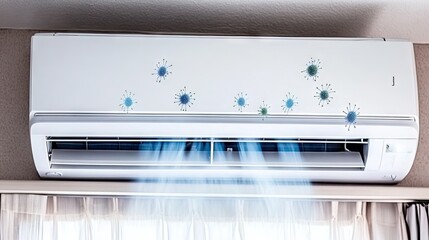 Poster - living room with an air conditioner cooling the space and expelling clean air while removing green b