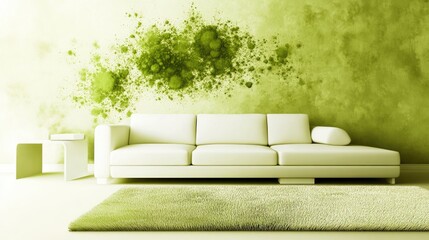 Poster - living room with an air conditioner cooling the space and expelling clean air while removing green b