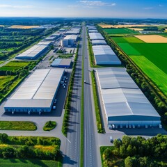 Aerial view of a modern warehouse distribution center. 
