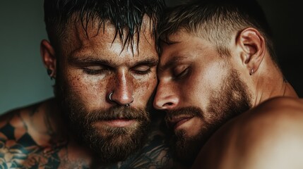 This intimate image shows two tattooed men in an affectionate embrace, with visible contentment and peace, portraying themes of love and companionship in close-up view.