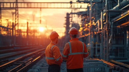 Poster - Two men in orange safety vests stand on a train track