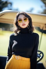 luxury, fashion and style, elegance and chic. elegant asian female in sunglasses standing by golf cart on sunny day. elite lifestyle, leisure, prosperity and high status, privilege and success, wealth