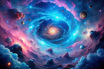 swirling blue nebula with pink clouds and asteroids in space galaxy background