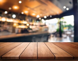 Wall Mural - empty coffee table over defocused coffee shop background with copy space