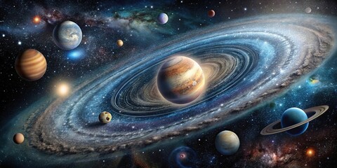 Wall Mural - swirling galaxy of stars and planets against cosmic black background