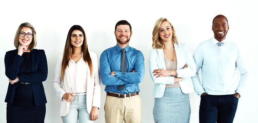 Poster - Portrait, law group and business people with arms crossed by white wall background in office workplace. Face, confident smile and lawyers standing together with teamwork, diversity and collaboration.
