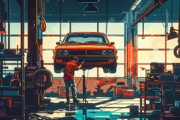 Poster - A mechanic is working attentively under a car lifted on a hoist in a bright garage, focused on repairs and maintenance tasks. Generative AI