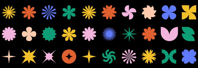 Aufkleber - Brutal elements set. Daisy floral organic form, stars, and other geometric shapes in trendy playful style. Vector design elements isolated on black background.
