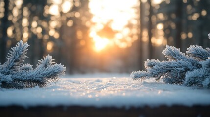 Poster - Frosty tree branches frame the foreground as the sun sets behind a tranquil winter forest, casting a warm glow over the snowy landscape, creating a picturesque and peaceful atmosphere.
