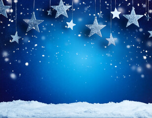 Poster - Copy space for text over blue snowy background with stars and empty space for a festive ver_1(199)