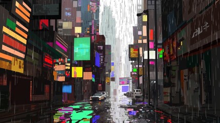 Naklejka na meble A vibrant, rainy city street scene filled with colorful neon lights and reflections.