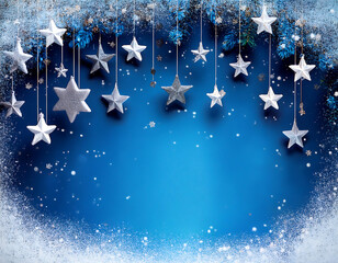 Poster - Copy space for text over blue snowy background with stars and empty space for a festive ver_1(197)