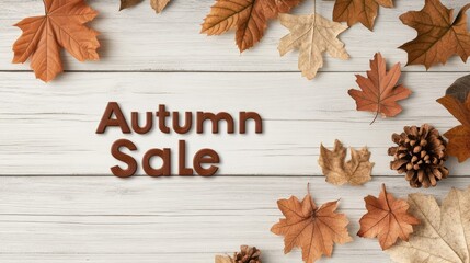 A colorful autumn sale poster showcases leaves and acorns against a wooden backdrop, promoting seasonal discounts and events