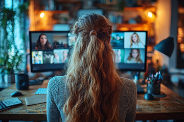 A professional attending a video conference from a home office, representing the rise of remote work. Concept of remote work.