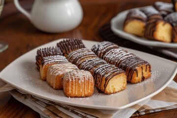 A plate of pao de mel, honey cakes covered in chocolate, arranged in a decorative pattern on a platter