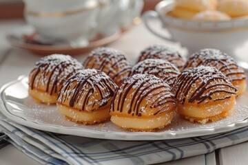 A plate of pao de mel, honey cakes covered in chocolate, arranged in a decorative pattern on a platter