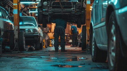 Poster - A mechanic is bent under a car lifted on a hoist, inspecting its components in a vibrant auto repair shop at dusk. Generative AI