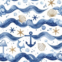 Poster - This design showcases intertwined waves, seashells, and starfish, celebrating a nautical theme in rich blue and golden hues. Generative AI