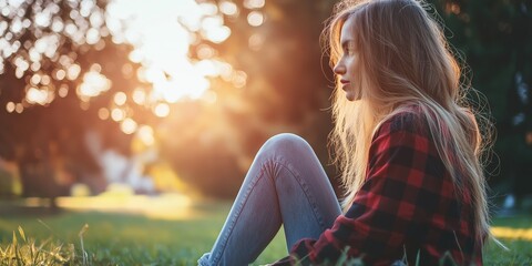 A young woman in casual attire enjoys the afternoon sun sitting in the grass, surrounded by natural elements and serenity.