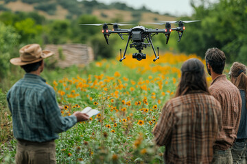 Poster - a group of farmers attending a workshop on how to use drones in agriculture, highlighting the growin
