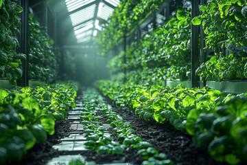 Poster - a greenhouse with automated systems regulating climate and water use, symbolizing technological adva