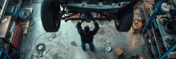 Poster - A mechanic examines the engine parts while positioned beneath a car elevated on a hoist in the workshop, surrounded by tools and equipment. Generative AI