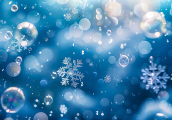 Wall Mural - blue background with snowflakes and bubbles. the snowflakes are scattered throughout the image, with