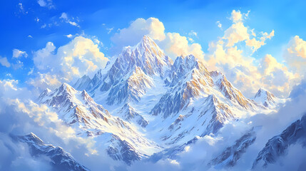 Wall Mural - spectacular snow-capped mountain peaks bask in soft golden light of dawn, set against a brilliant bl