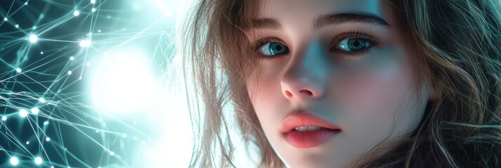 Leinwandbilder - A beautiful young woman with striking features contemplates as illuminated data flows and network links create a captivating backdrop. Generative AI