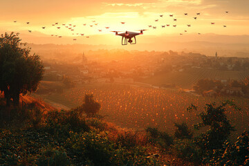 Poster - A drone swarm collecting data across a vast expanse of farmland, showcasing the scalability of drone technology in agriculture. Concept of scalability.