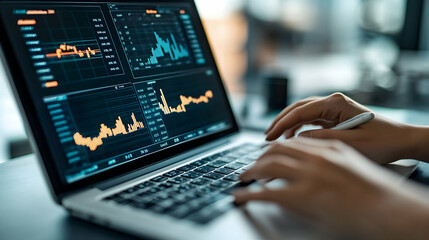 Sticker - Close-up of a person analyzing data on a laptop, showing graphs and tables of traffic analytics.  -