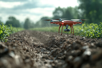 Aufkleber - A drone capturing real-time data on soil moisture levels, illustrating the integration of IoT and drones in smart farming. Concept of smart farming.
