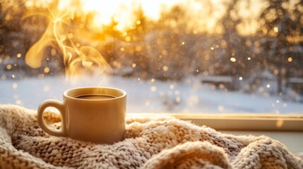 Poster - A steaming cup of coffee rests on a soft blanket near a window. Outside, gentle snowflakes fall as the golden light of sunrise fills the room, creating a peaceful and inviting atmosphere.