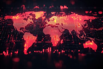 Poster - A Digital World Map Glowing Red on a Dark Screen