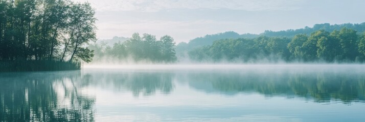 Fototapete - The lake is enveloped in soft morning mist, with trees lining its shores creating a peaceful reflection on the water’s surface. Generative AI