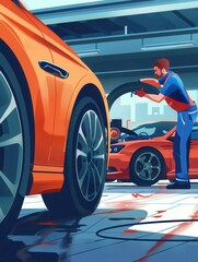Poster - A mechanic replaces tires on a car in a busy garage, surrounded by additional vehicles and tools, showcasing a typical service activity. Generative AI